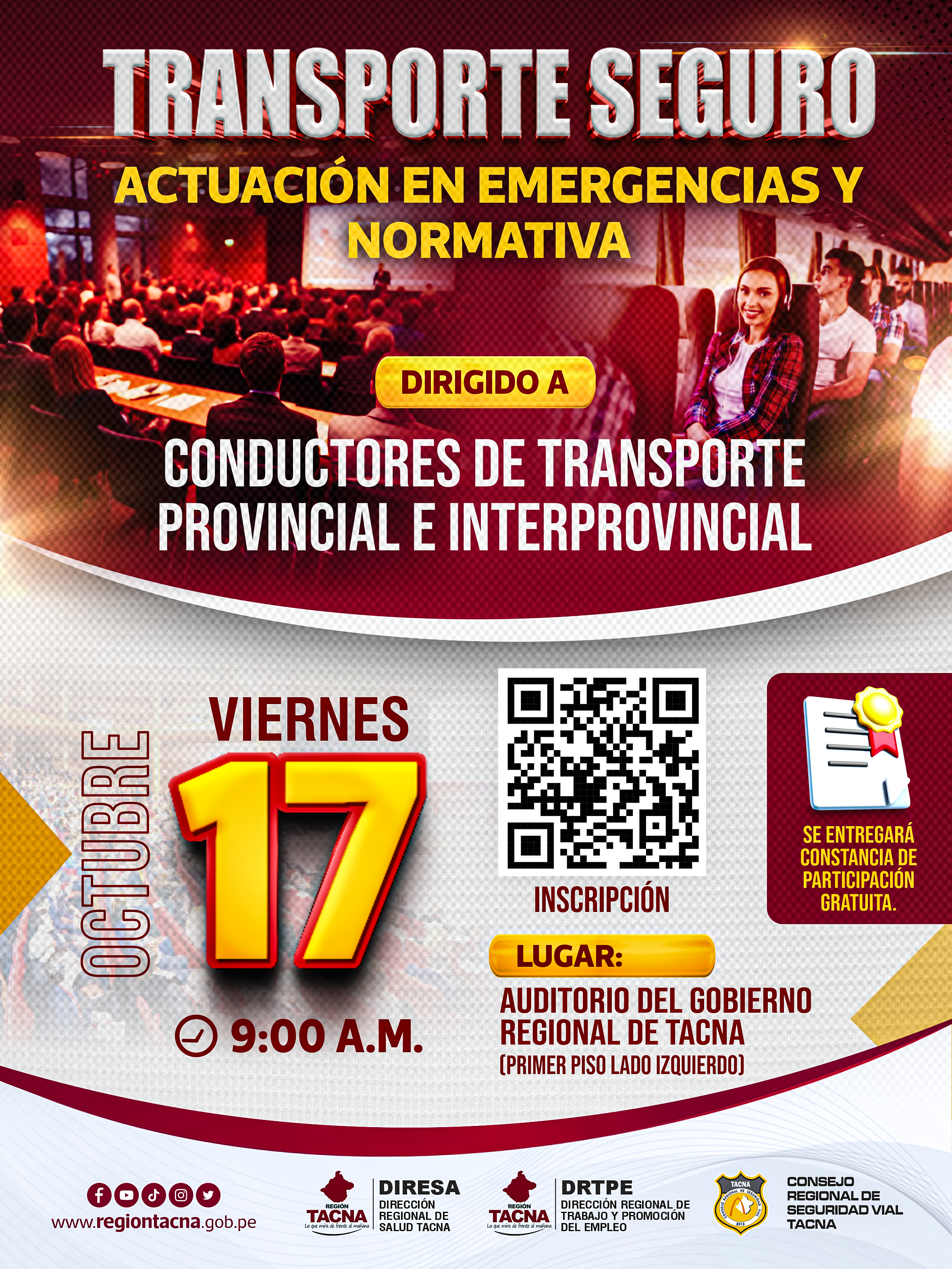 ¡ATENCIÓN TRANSPORTISTAS DE TACNA!

La Dirección Regional de Transportes y Comunicaciones de Tacna a través del Consejo Regional de Seguridad Vial (CORESEVI), realizará la capacitación "Transporte S